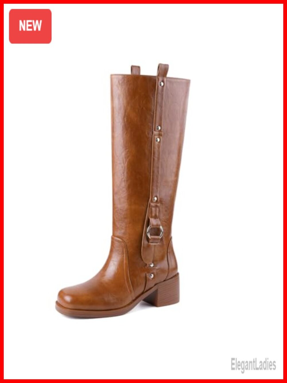 CORNMOOD Women's Knee High Boots Square Toe Chunky Block Heel Faux Leather